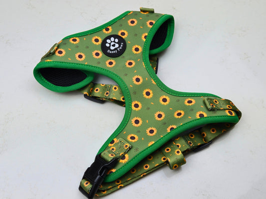 Green with little yellow sunflowers Sassy Paws Dog Harness