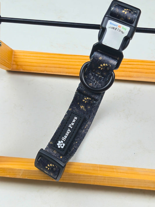 Black and gold Sassy Paws dog QR collar for pet safety