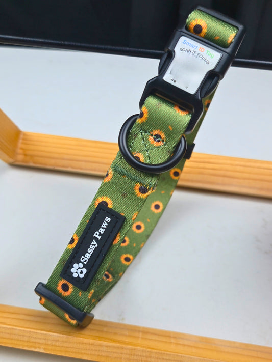 Green with little yellow sunflowers dog QR collar for pet safety