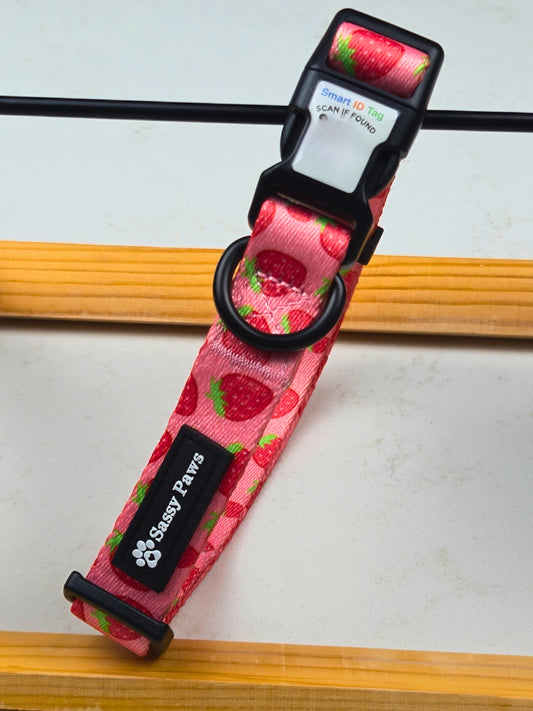 Pink, Red with little strawberries dog QR collar for pet safety