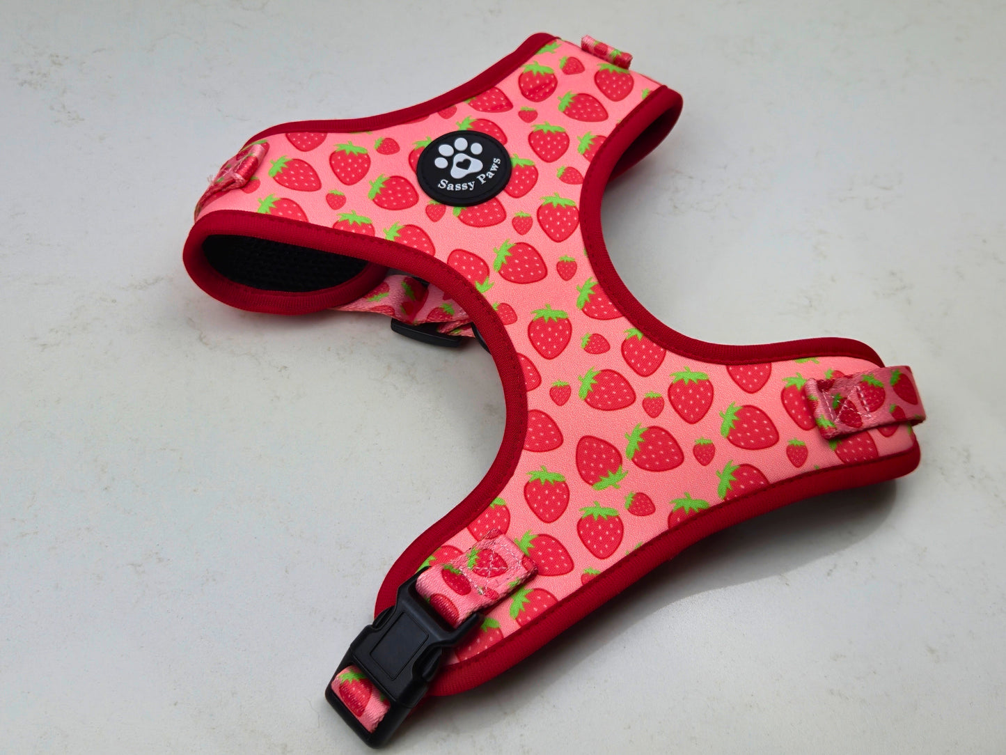 Pink, red with little strawberries Sassy Paws Adjustable Dog Harness