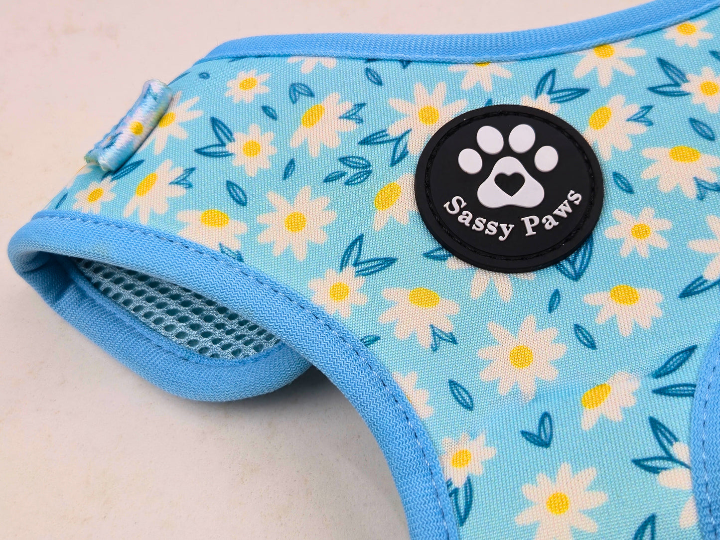 Blue with small white flowers Sassy Paws Adjustable Dog Harness