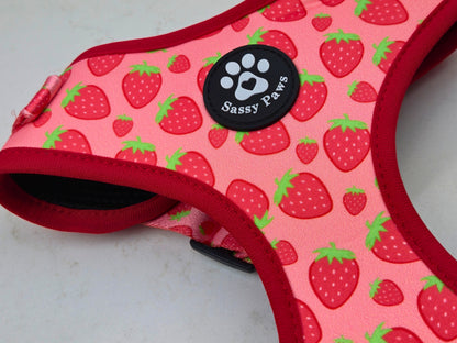 Pink, read with little strawberries Sassy Paws Adjustable Dog Harness