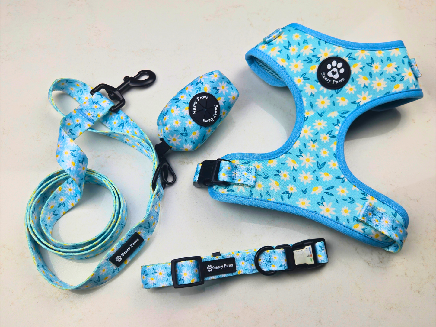 Blue with small white flowers, Sassy Paws Dog Harness Set including Adjustable Dog Harness, Dog QR Collar, Dog Lead, Waste Bag Holder
