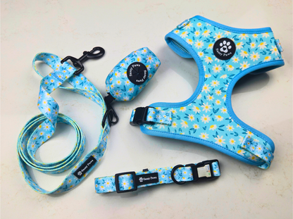 Blue with small white flowers, Sassy Paws Dog Harness Set including Adjustable Dog Harness, Dog QR Collar, Dog Lead, Waste Bag Holder