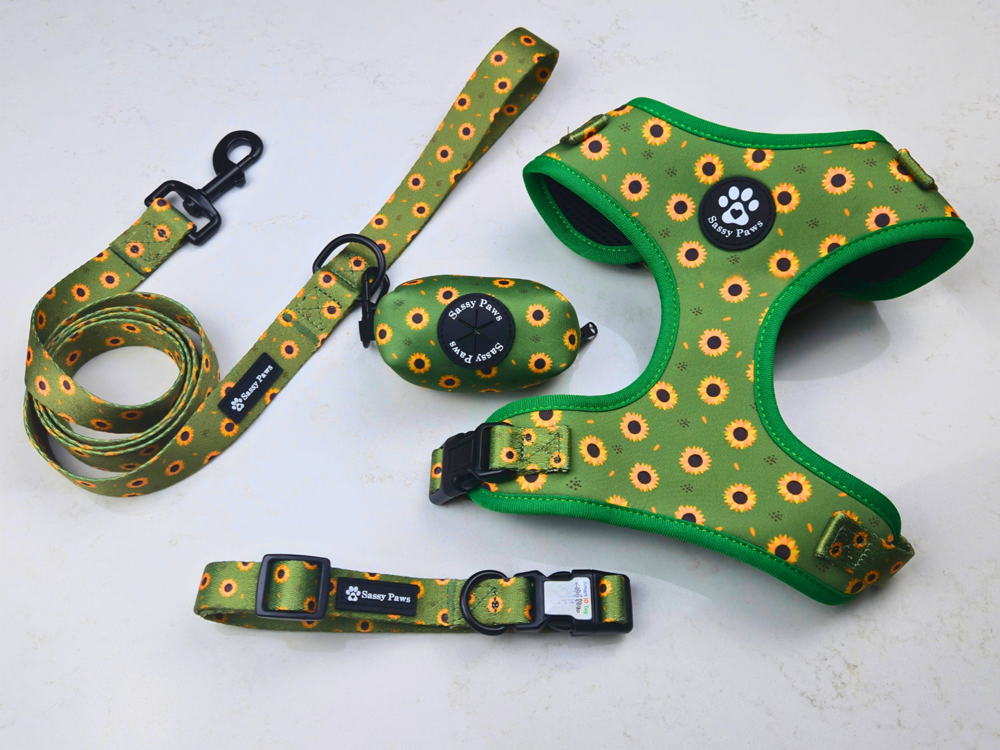 Green with yellow sunflowers Sassy Paws Dog Harness Set including Adjustable Dog Harness, Dog QR Collar, Dog Lead, Waste Bag Holder