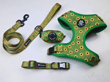 Green with yellow sunflowers Sassy Paws Dog Harness Set including Adjustable Dog Harness, Dog QR Collar, Dog Lead, Waste Bag Holder