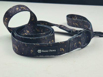 Back and Gold Sassy Paws Waste Bag Holder with black clip and matching lead or leash Black finishings