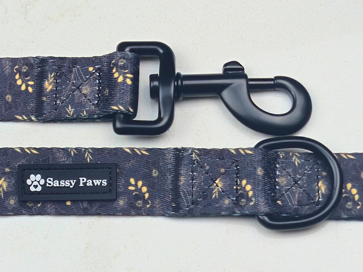 Back and Gold Sassy Paws dog Lead or Leash. Black finishings