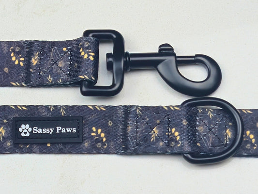 Back and Gold Sassy Paws dog Lead or Leash. Black finishings