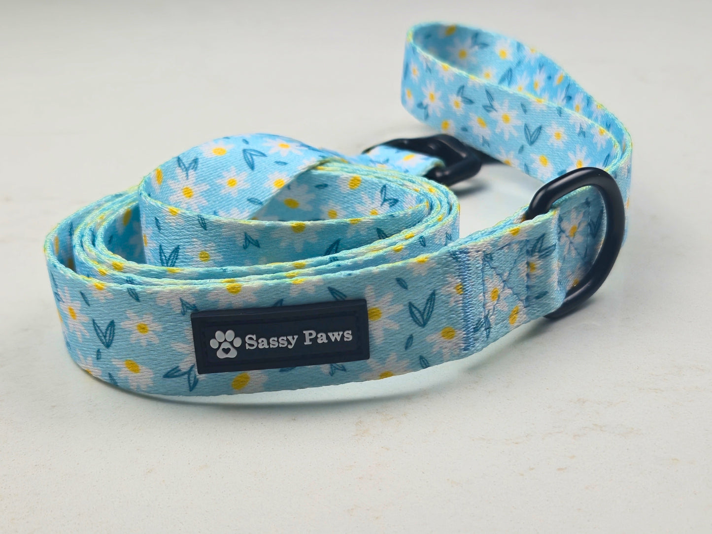 Blue with small white flowers, Sassy Paws dog Lead or Leash. Black finishings