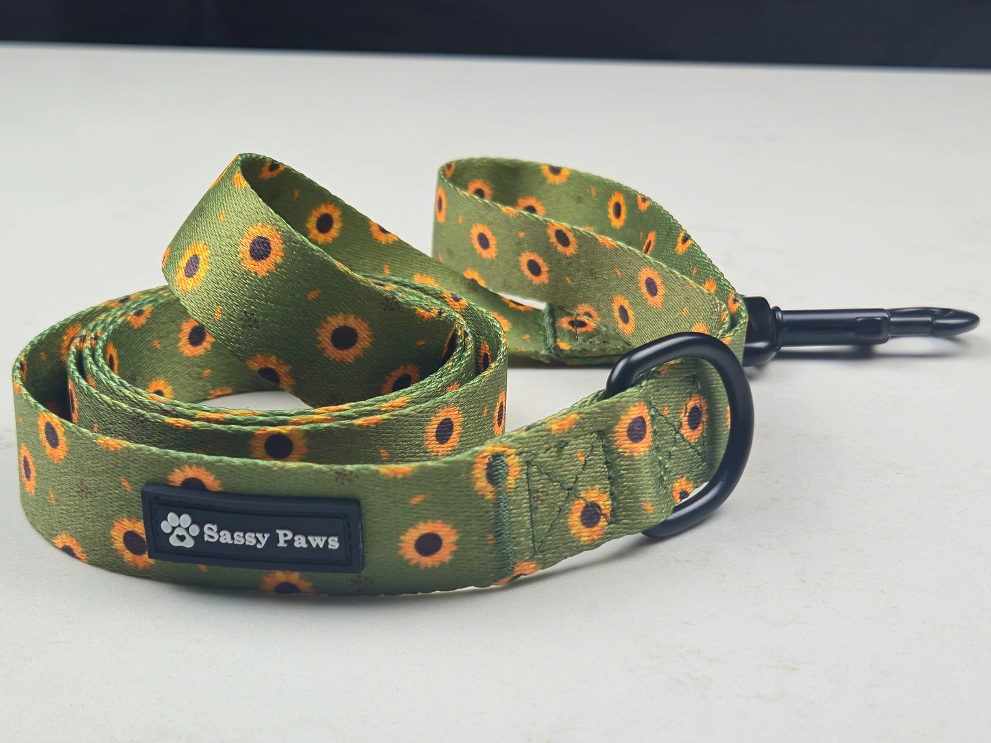 Green with little yellow sunflowers Sassy Paws dog Lead or Leash. Black finishings
