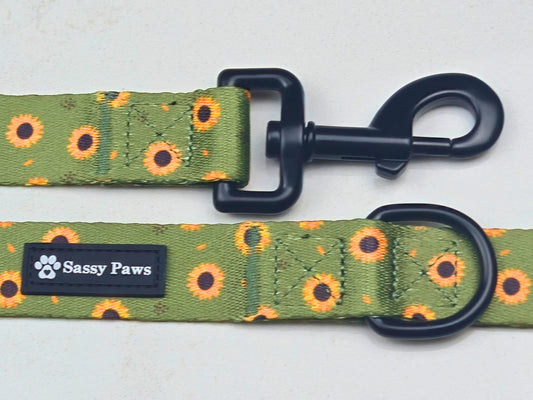 Green with little yellow sunflowers Sassy Paws dog Lead or Leash. Black finishings