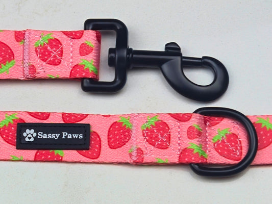 Pink, red with little Strawberries Sassy Paws dog Lead or Leash. Black finishings