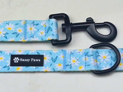 Blue with small white flowers, Sassy Paws dog Lead or Leash. Black finishings