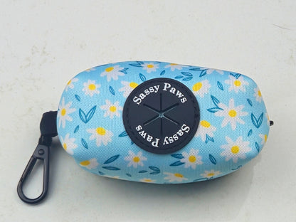 Blue with small white flowers Sassy Paws Waste Bag Holder with black clip