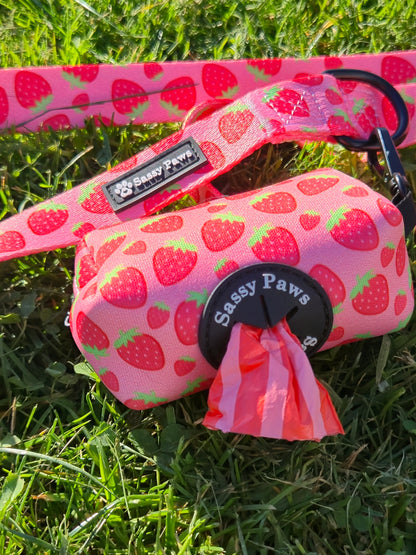 Pink, red with little strawberries Sassy Paws Waste Bag Holder with black clip and matching lead or leash Black finishings