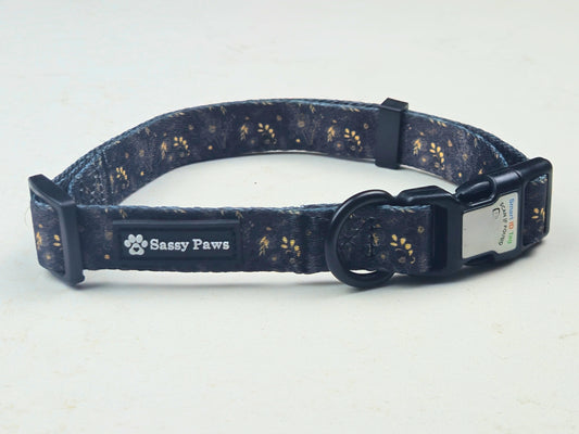 Black and gold Sassy Paws dog QR collar for pet safety