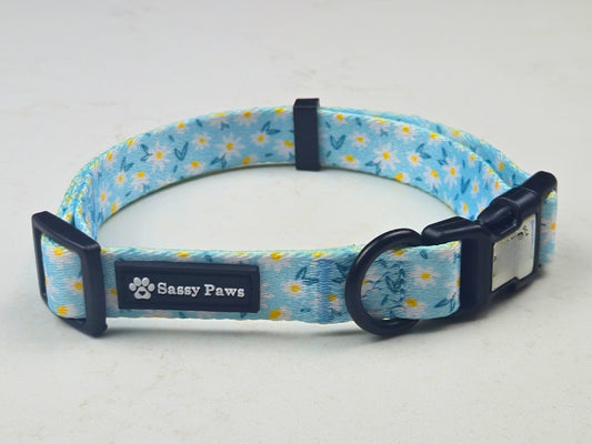 Blue with small white flowers Sassy Paws dog QR collar for pet safety