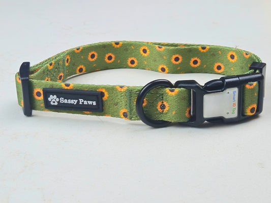 Green with little yellow sunflowers dog QR collar for pet safety