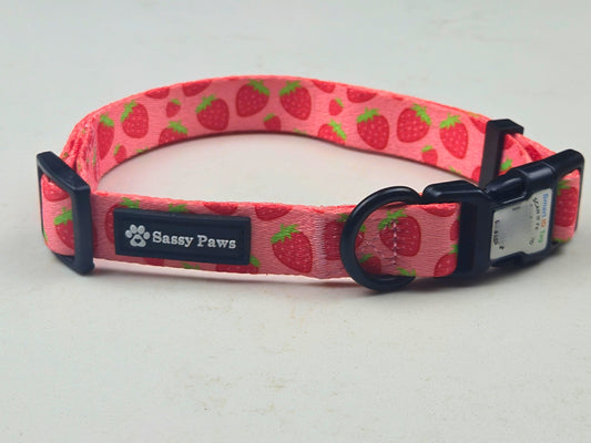 Pink, Red with little strawberries dog QR collar for pet safety